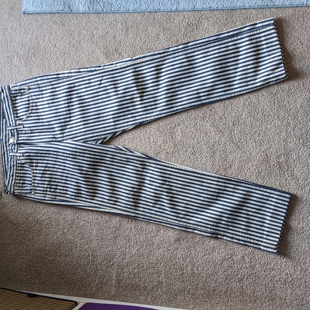 Super trendy blue and white striped designer jeans. These were hemmed to a 27".